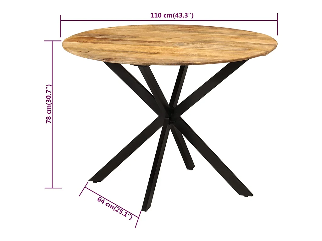 Table à dîner Ø110x78 cm Bois de manguier massif et acier