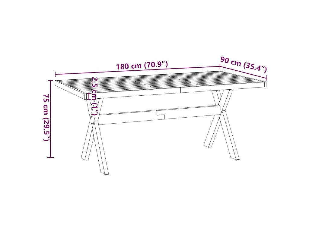 Table à manger NOAIN pieds en forme de X 180x90x75cm massif pin