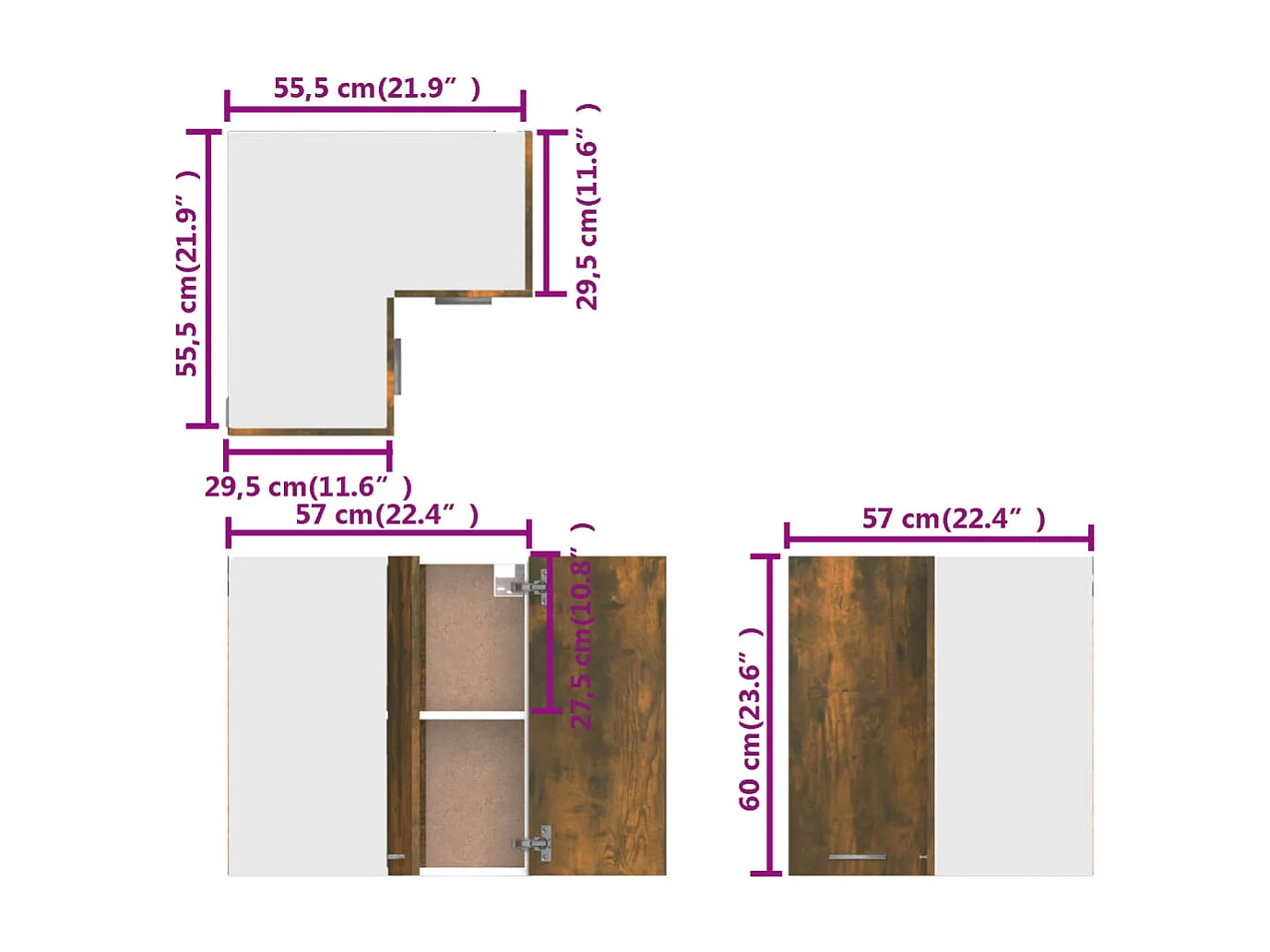 Armoire d'angle suspendue "Lyon" Chêne fumé 57 x 57 x 60 cm Bois d'ingénierie