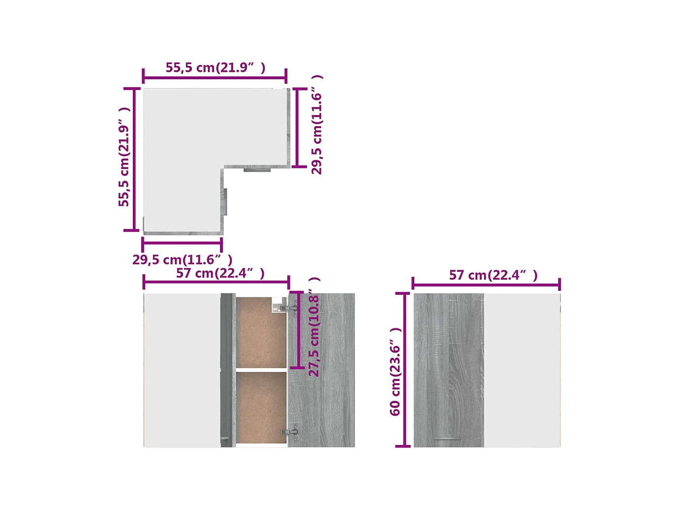 Armoire d'angle suspendue "Lyon" Gris Sonoma 57 x 57 x 60 cm Bois d'ingénierie