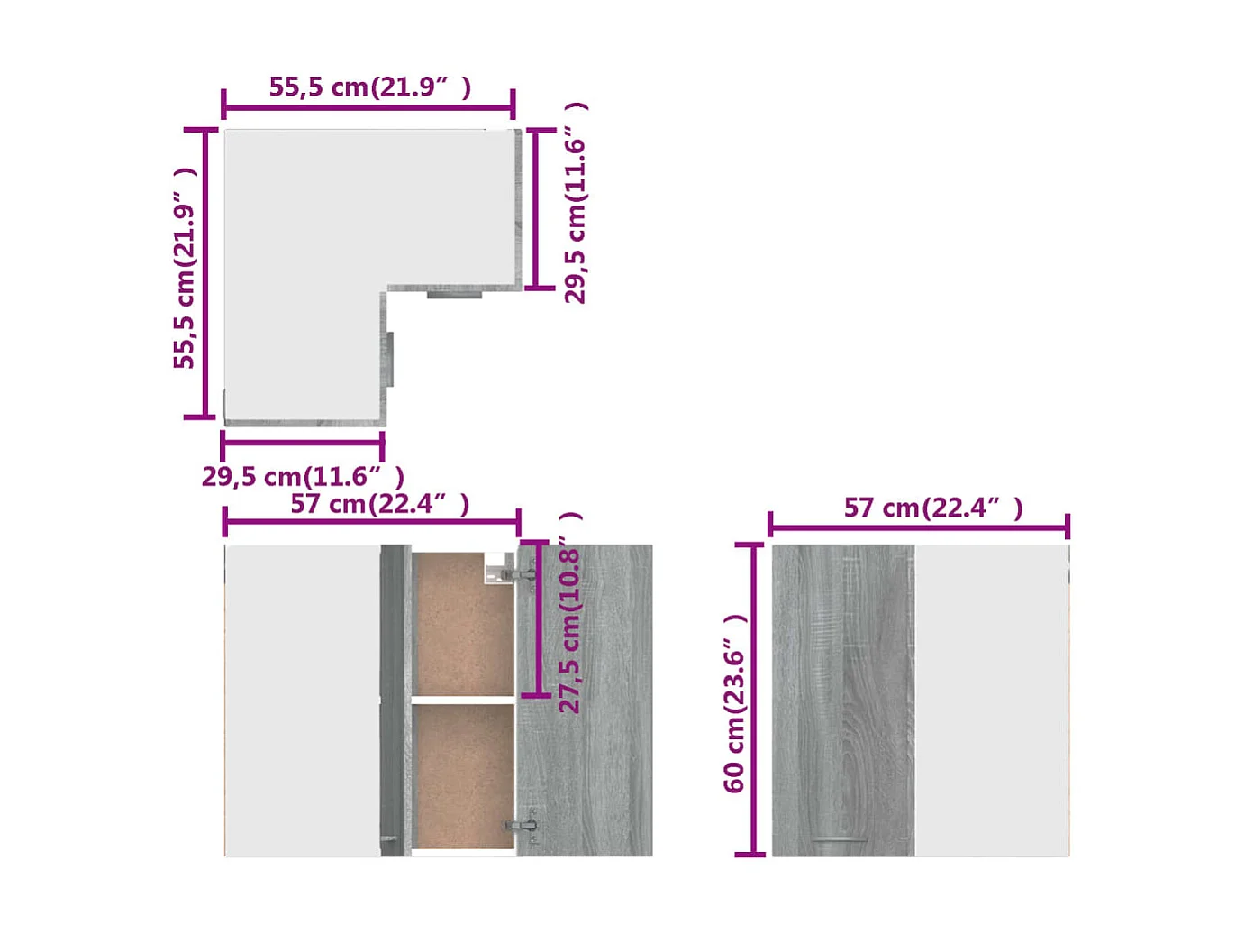 Armoire d'angle suspendue "Lyon" Gris Sonoma 57 x 57 x 60 cm Bois d'ingénierie