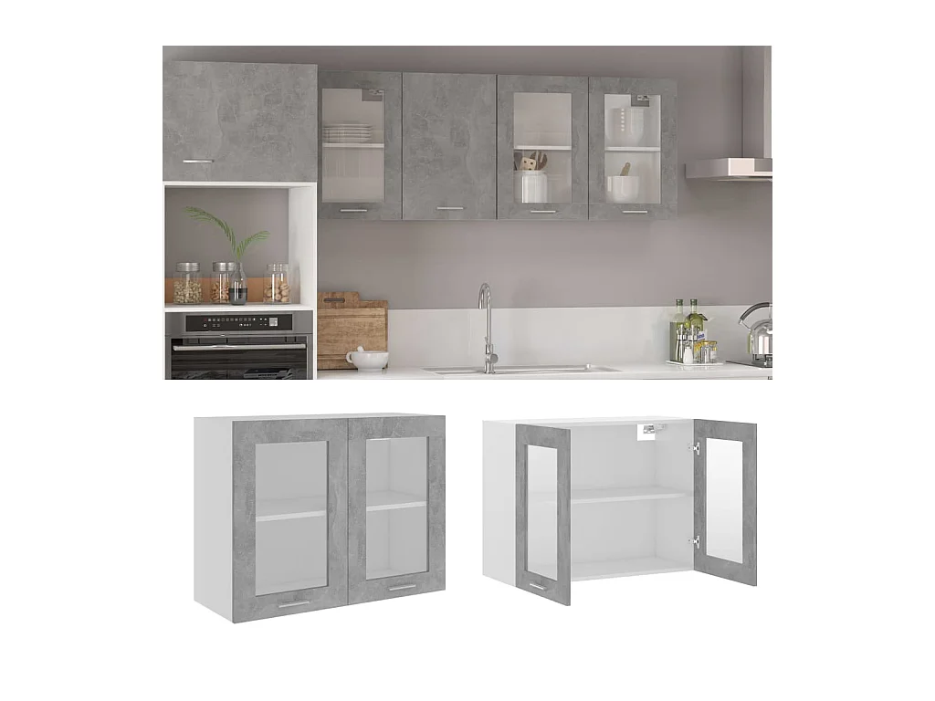 Armoire en verre suspendue Gris béton Bois d'ingénierie