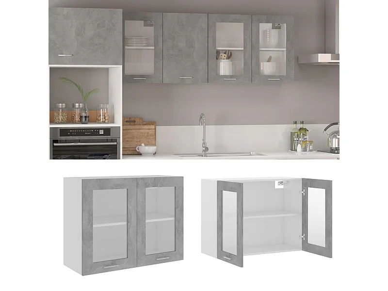 Armoire en verre suspendue Gris béton Bois d'ingénierie