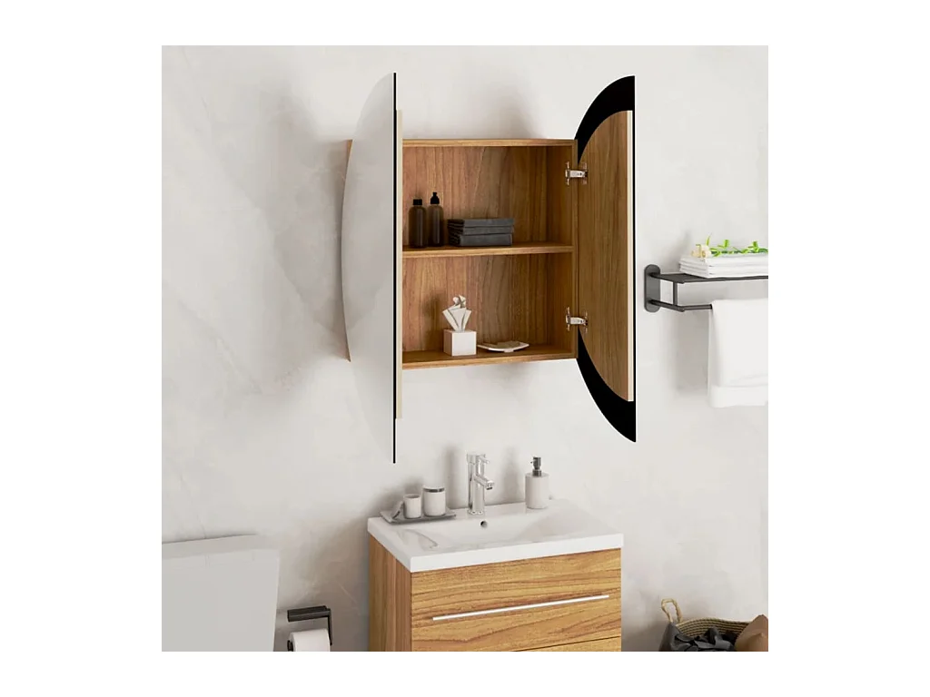 Badezimmerschrank mit Rundem Spiegel & LED Eichen-Optik