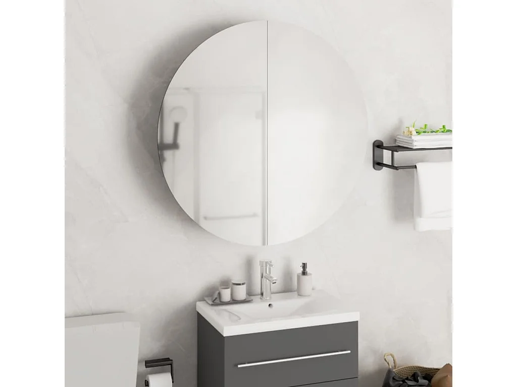 Badezimmerschrank mit Rundem Spiegel & LED Eichen-Optik