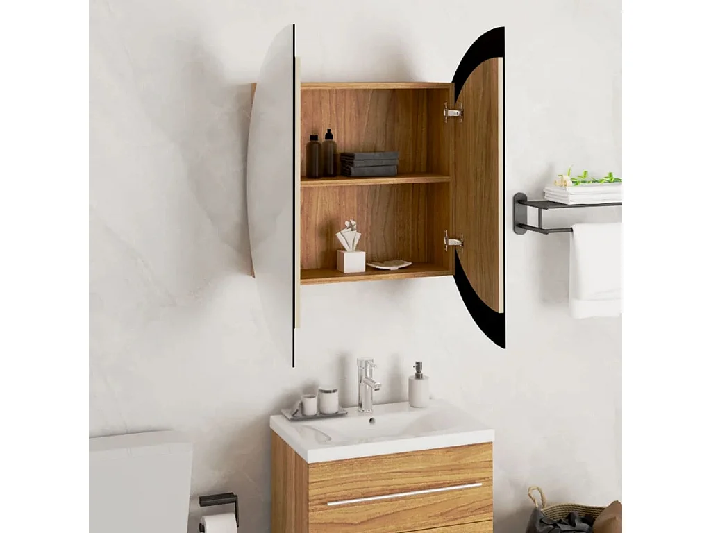 Badezimmerschrank mit Rundem Spiegel & LED Eichen-Optik