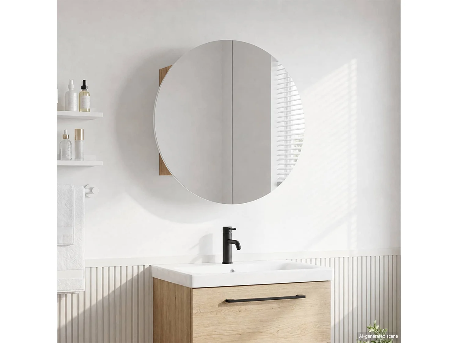 Armadio da Bagno con Specchio Rotondo e LED Rovere 54x54x17,5cm