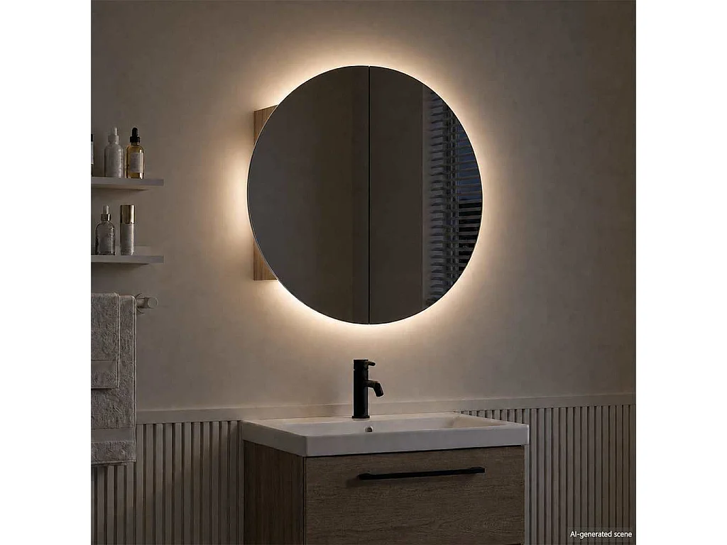 Armadio da Bagno con Specchio Rotondo e LED Rovere 54x54x17,5cm