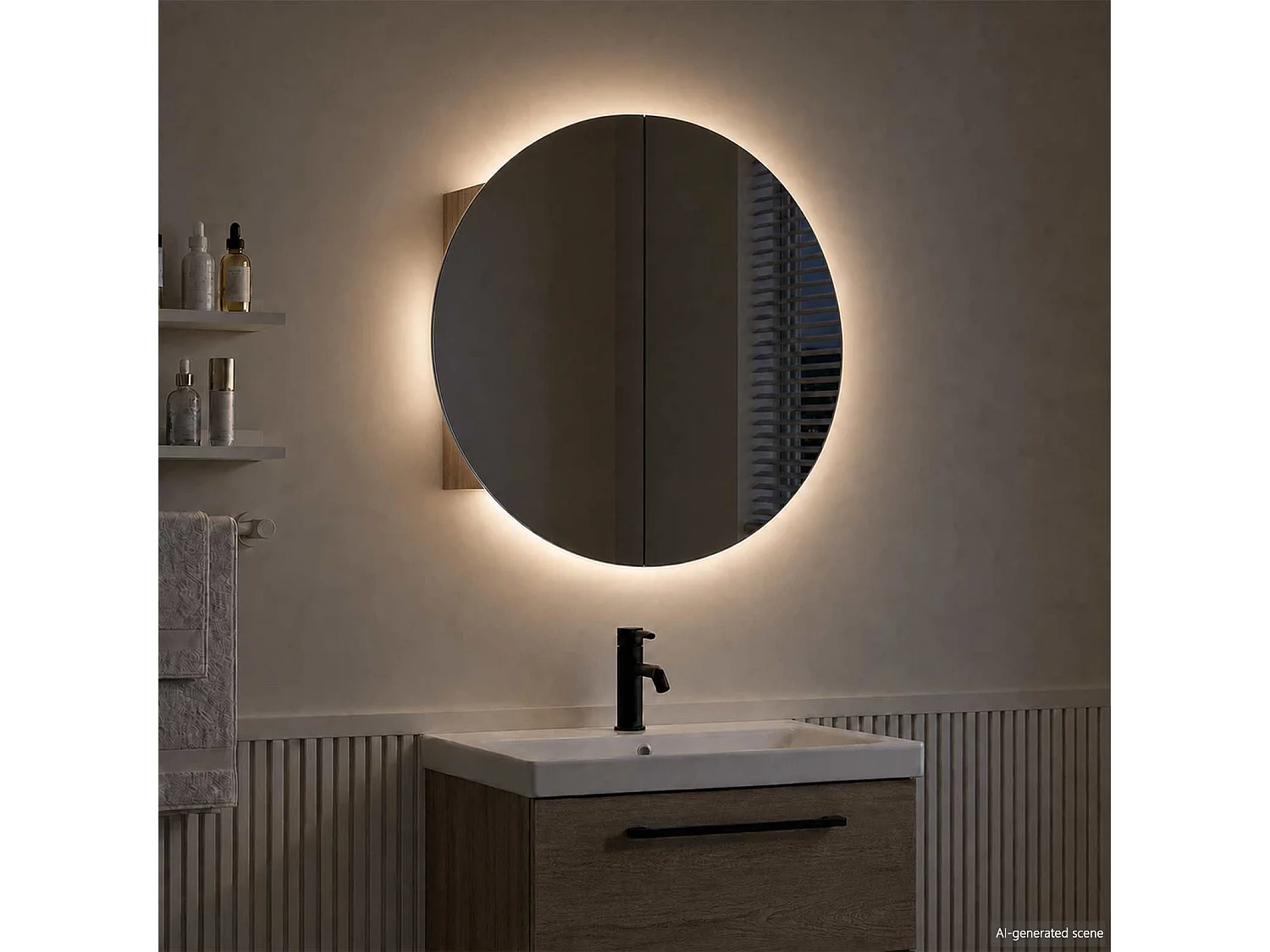 Armadio da Bagno con Specchio Rotondo e LED Rovere 54x54x17,5cm