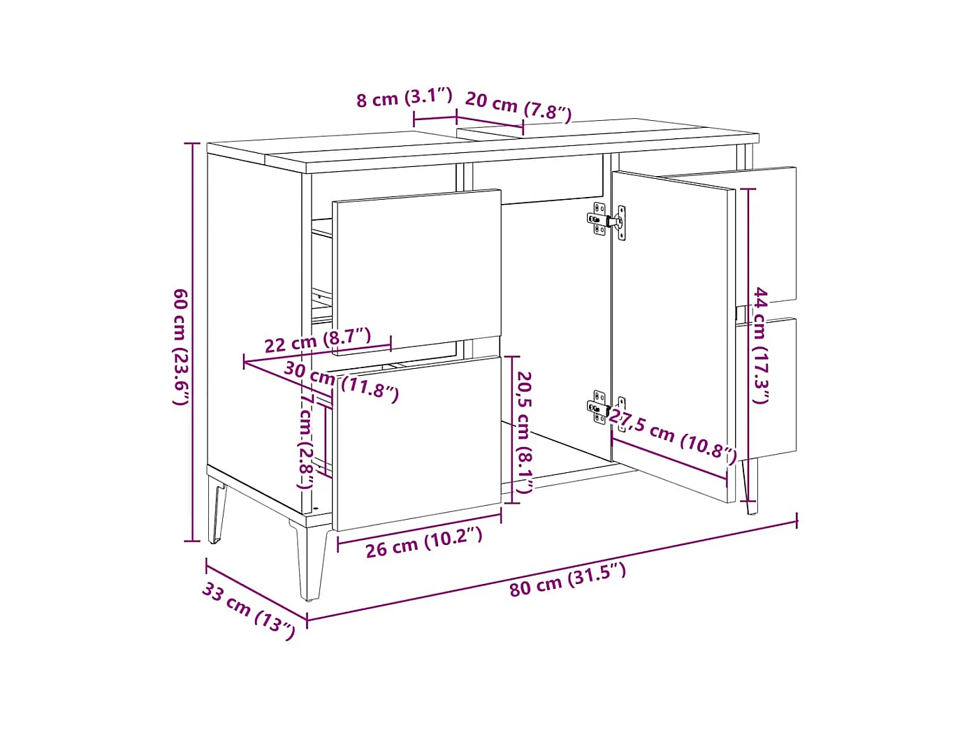 Wastafelkast 80x33x60 cm bewerkt hout zwart
