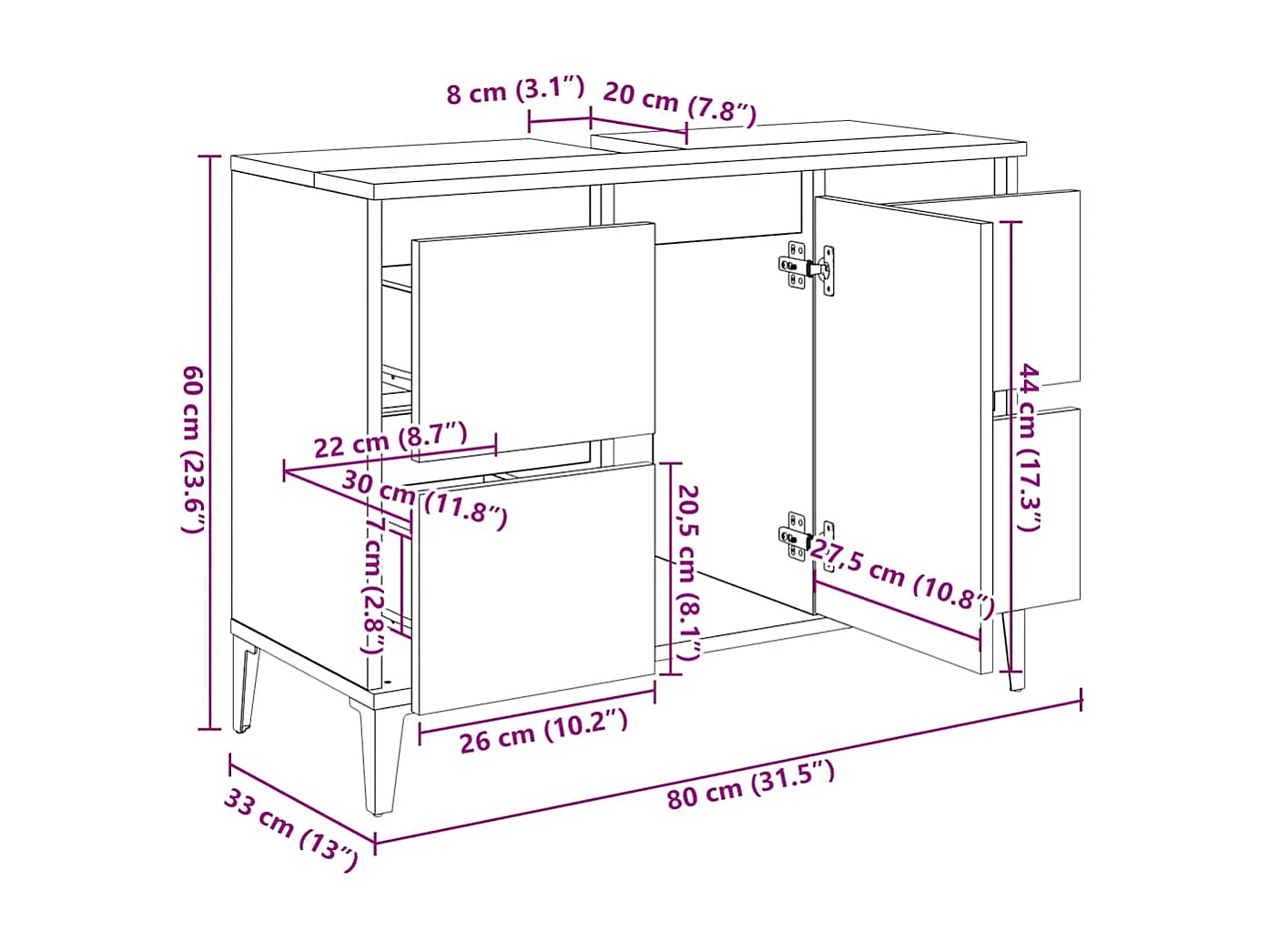 Móvel p/ lavatório 80x33x60 cm derivados de madeira preto