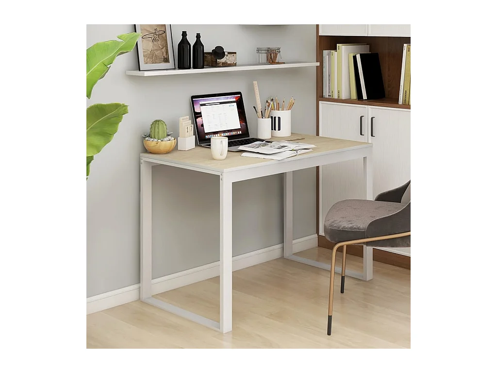 Bureau d'ordinateur Blanc et chêne 110x60x73 cm Aggloméré