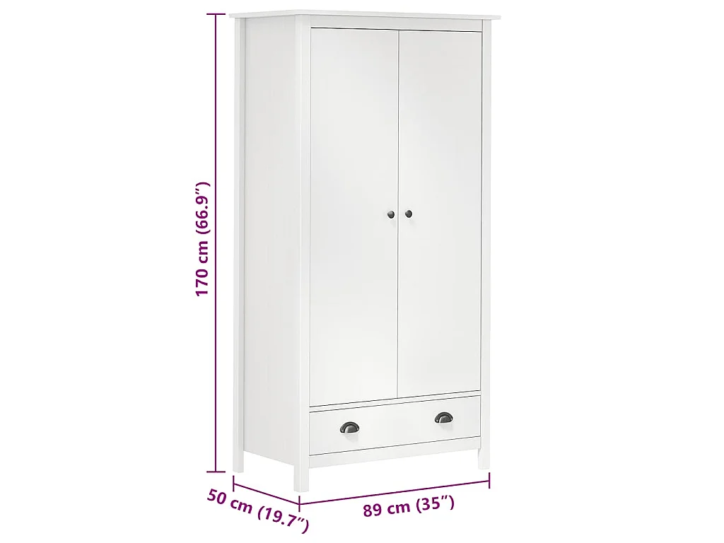 Kledingkast Hill 2 deuren 89x50x170 cm massief grenenhout wit