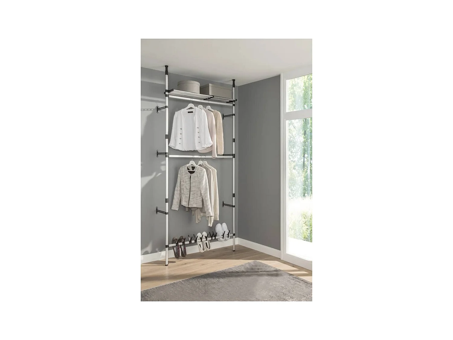 Teleskop-Garderobe mit Stangen und Regal Aluminium