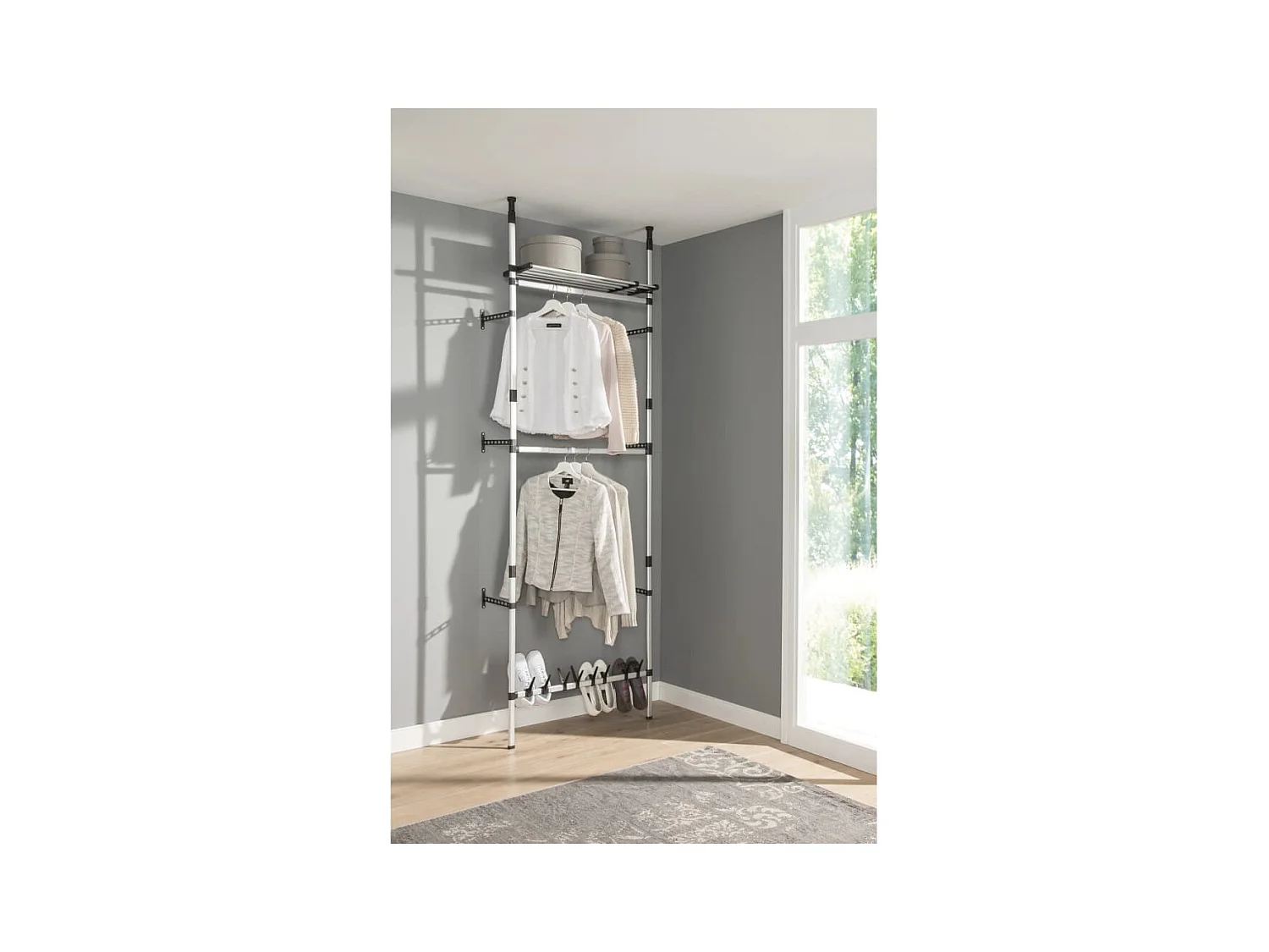 Teleskop-Garderobe mit Stangen und Regal Aluminium