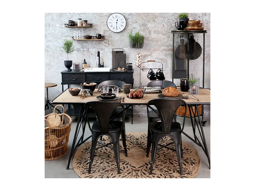 Table à manger en bois de sapin marron et fer noir 200 x 80 x 78.5 cm