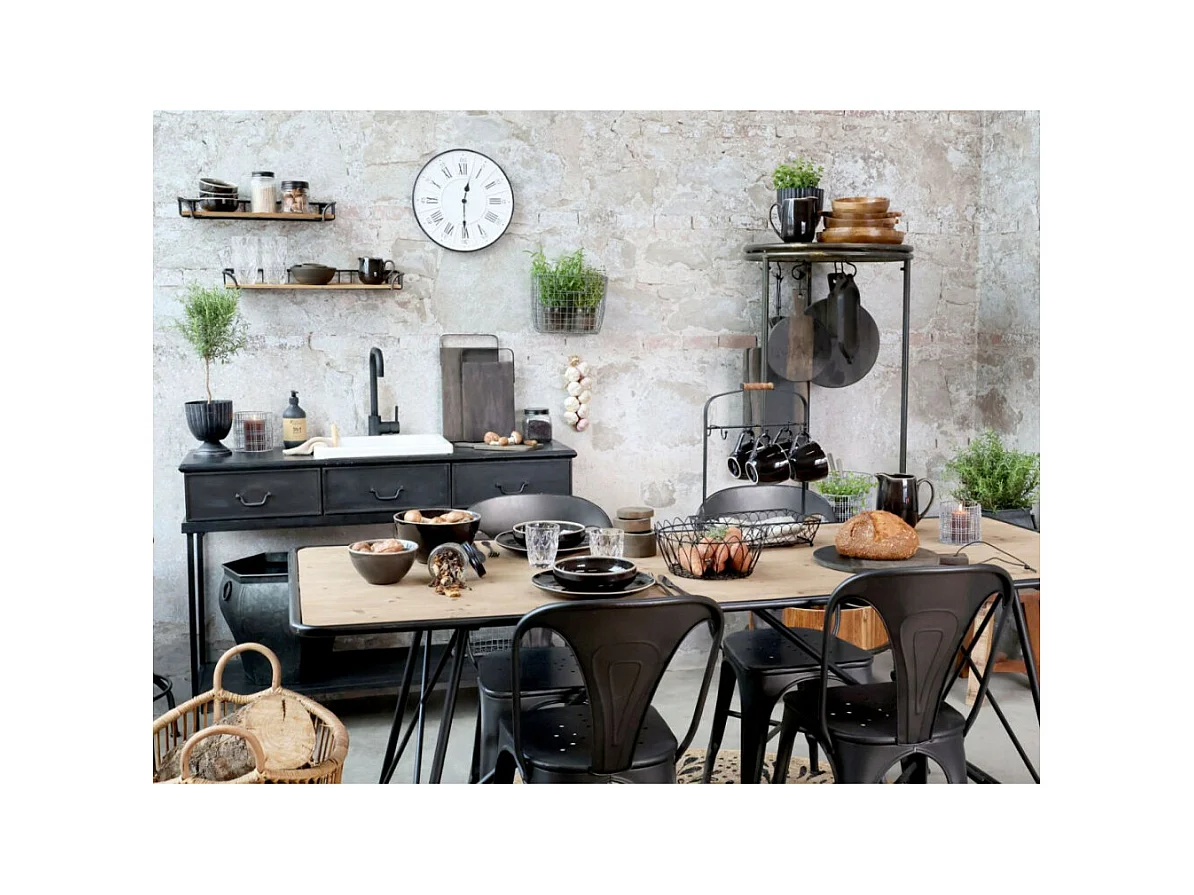 Table à manger en bois de sapin marron et fer noir 200 x 80 x 78.5 cm