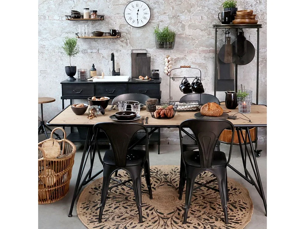 Table à manger en bois de sapin marron et fer noir 200 x 80 x 78.5 cm