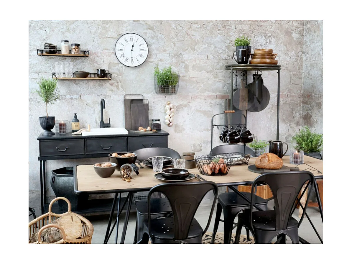 Table à manger en bois de sapin marron et fer noir 200 x 80 x 78.5 cm