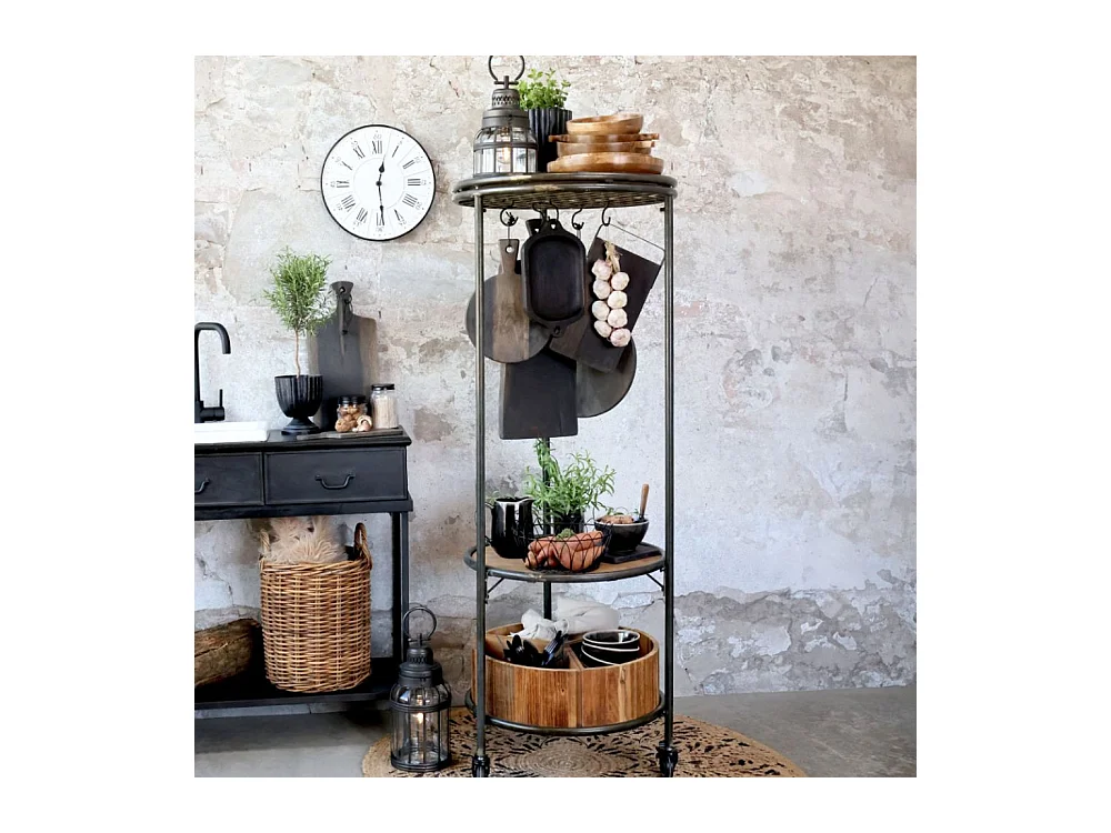 Etagère sur roues en bois recyclé marron et fer noir Ø.60 x Ht.160.5cm