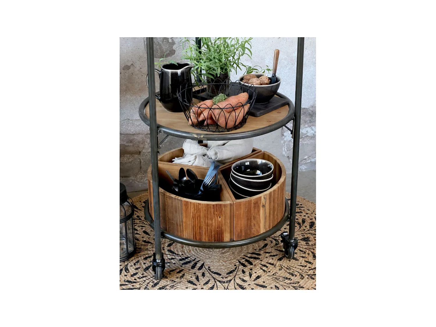 Etagère sur roues en bois recyclé marron et fer noir Ø.60 x Ht.160.5cm