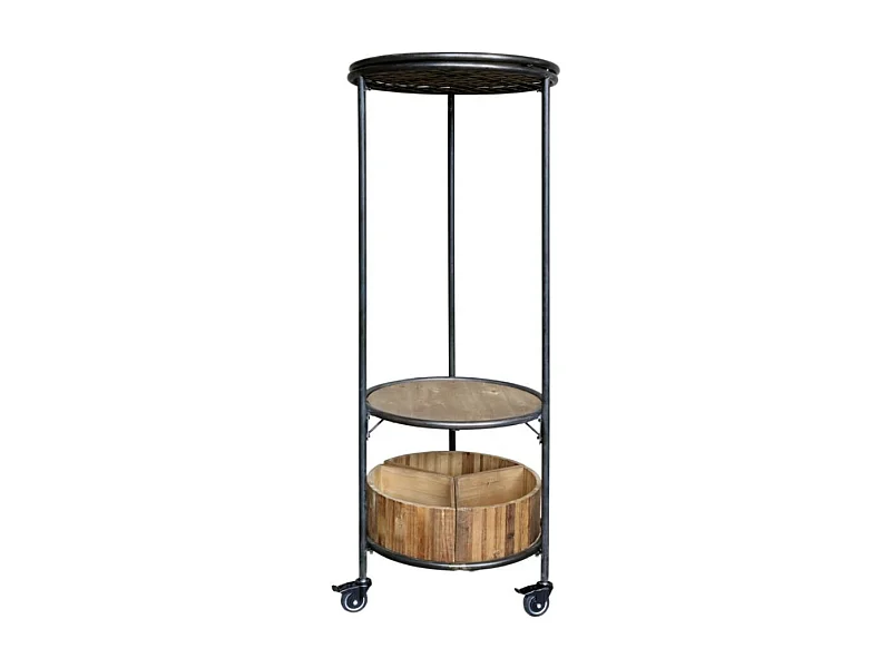 Etagère sur roues en bois recyclé marron et fer noir Ø.60 x Ht.160.5cm
