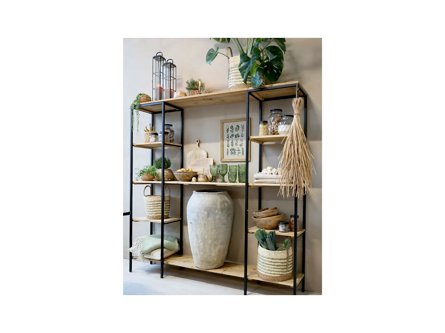 Etagère 6 étages en bois de sapin marron et fer noir 180 x 35 x 183 cm