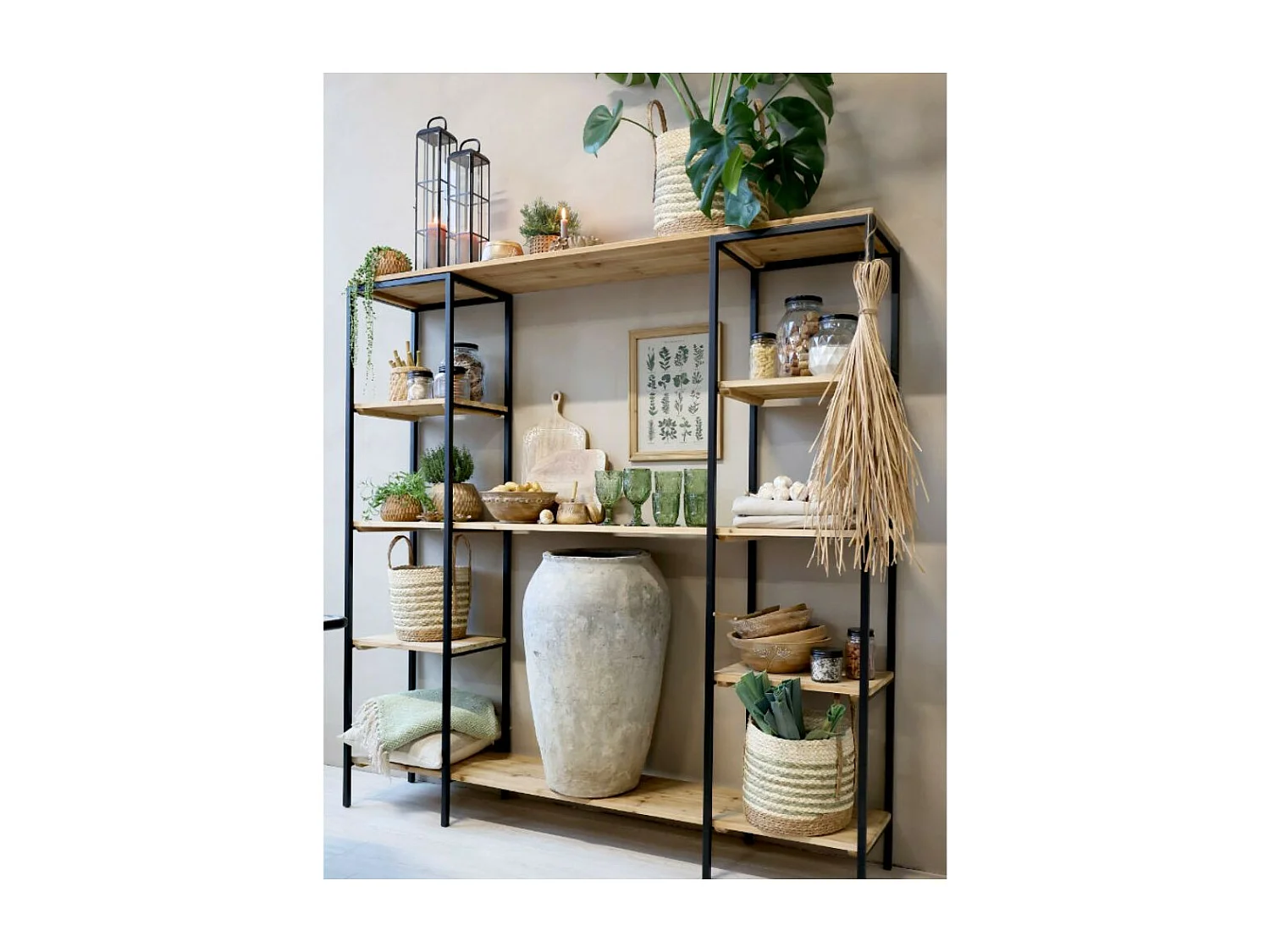 Etagère 6 étages en bois de sapin marron et fer noir 180 x 35 x 183 cm