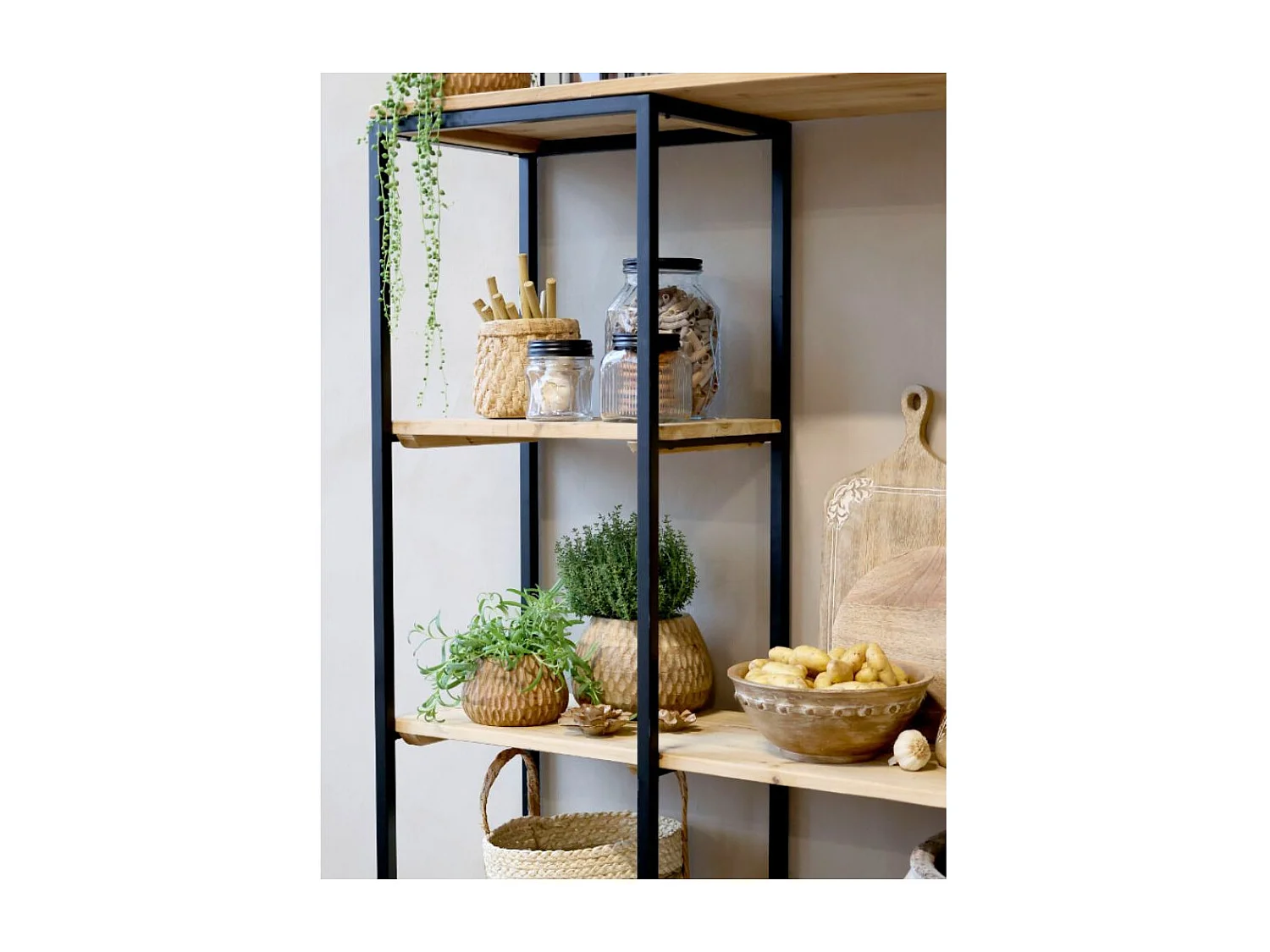 Etagère 6 étages en bois de sapin marron et fer noir 180 x 35 x 183 cm