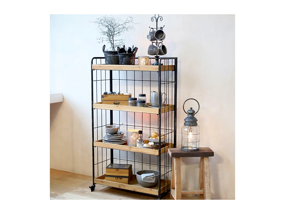 Etagère desserte chariot en bois marron et fer noir 81.5 x37.5x 140 cm