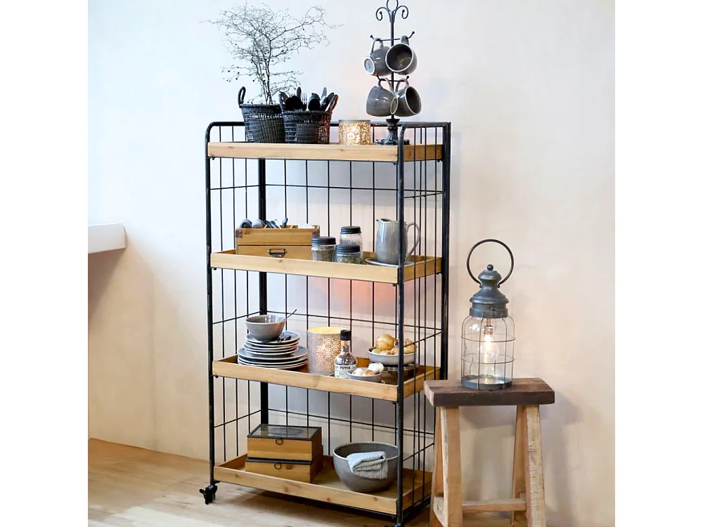 Etagère desserte chariot en bois marron et fer noir 81.5 x37.5x 140 cm