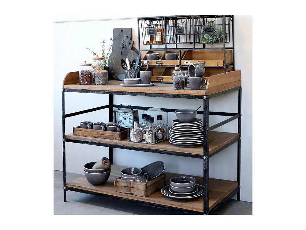 Table de service en bois marron et fer noir antique 120.5 x 61 x 99 cm