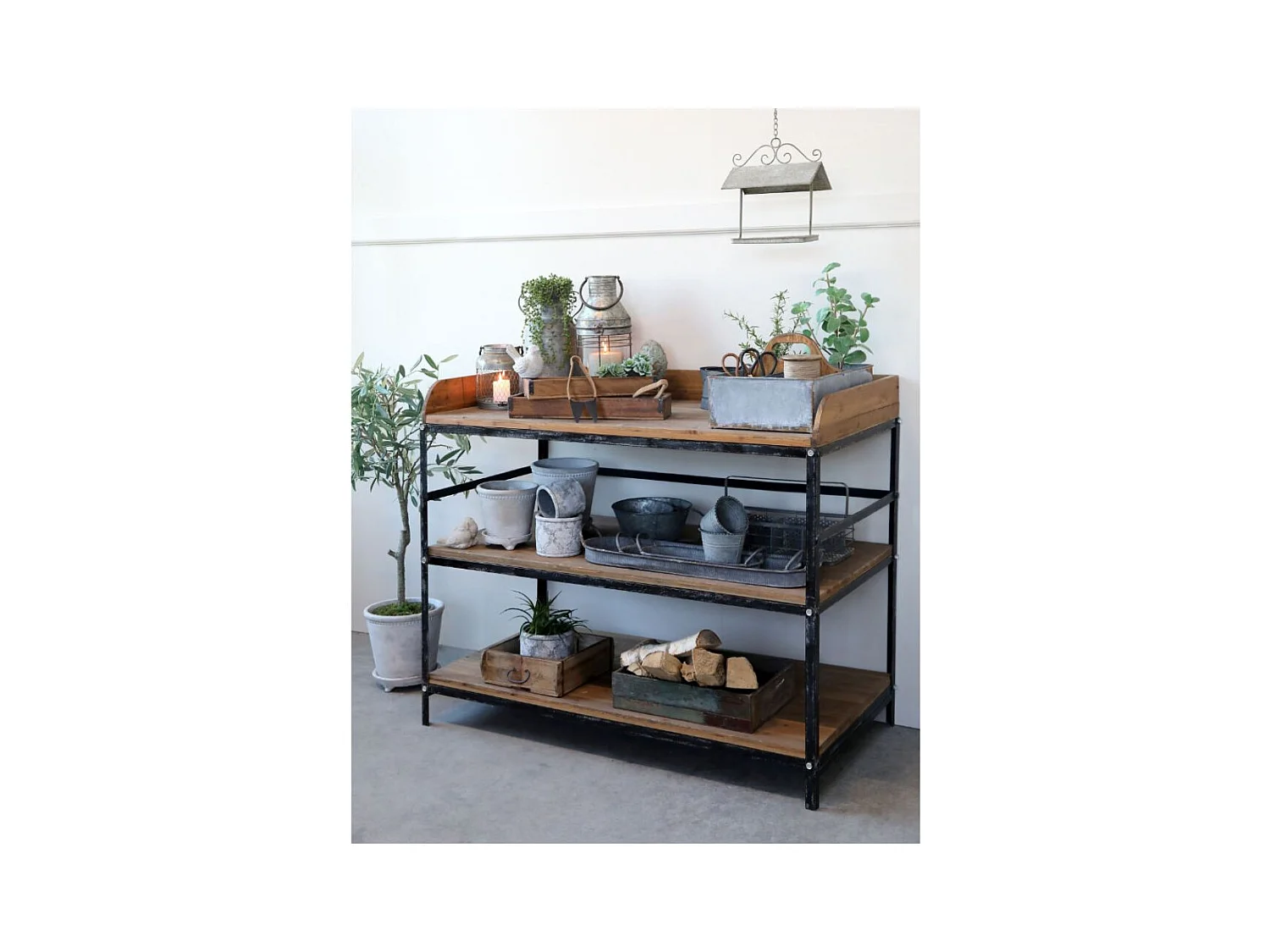 Table de service en bois marron et fer noir antique 120.5 x 61 x 99 cm