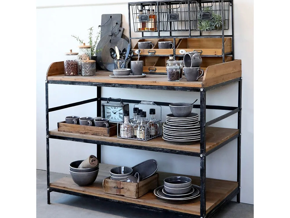Table de service en bois marron et fer noir antique 120.5 x 61 x 99 cm