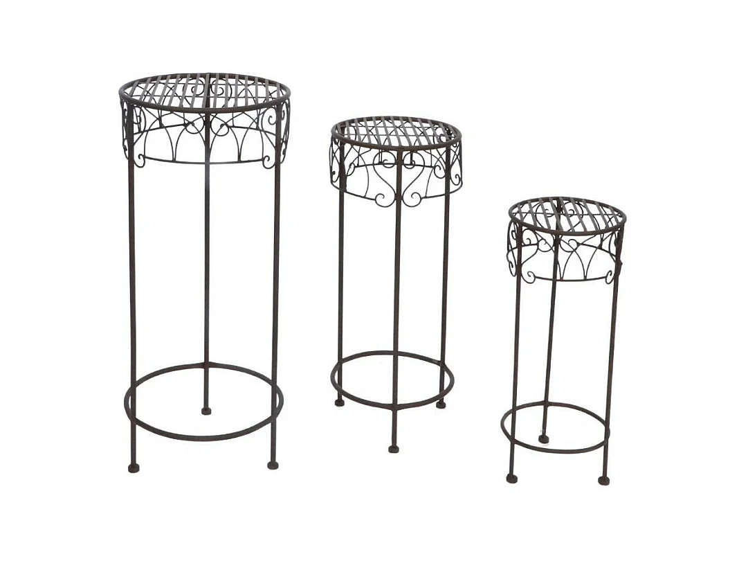 Set de 3 sellettes rondes en fer forgé marron Ht.50-60-70 cm