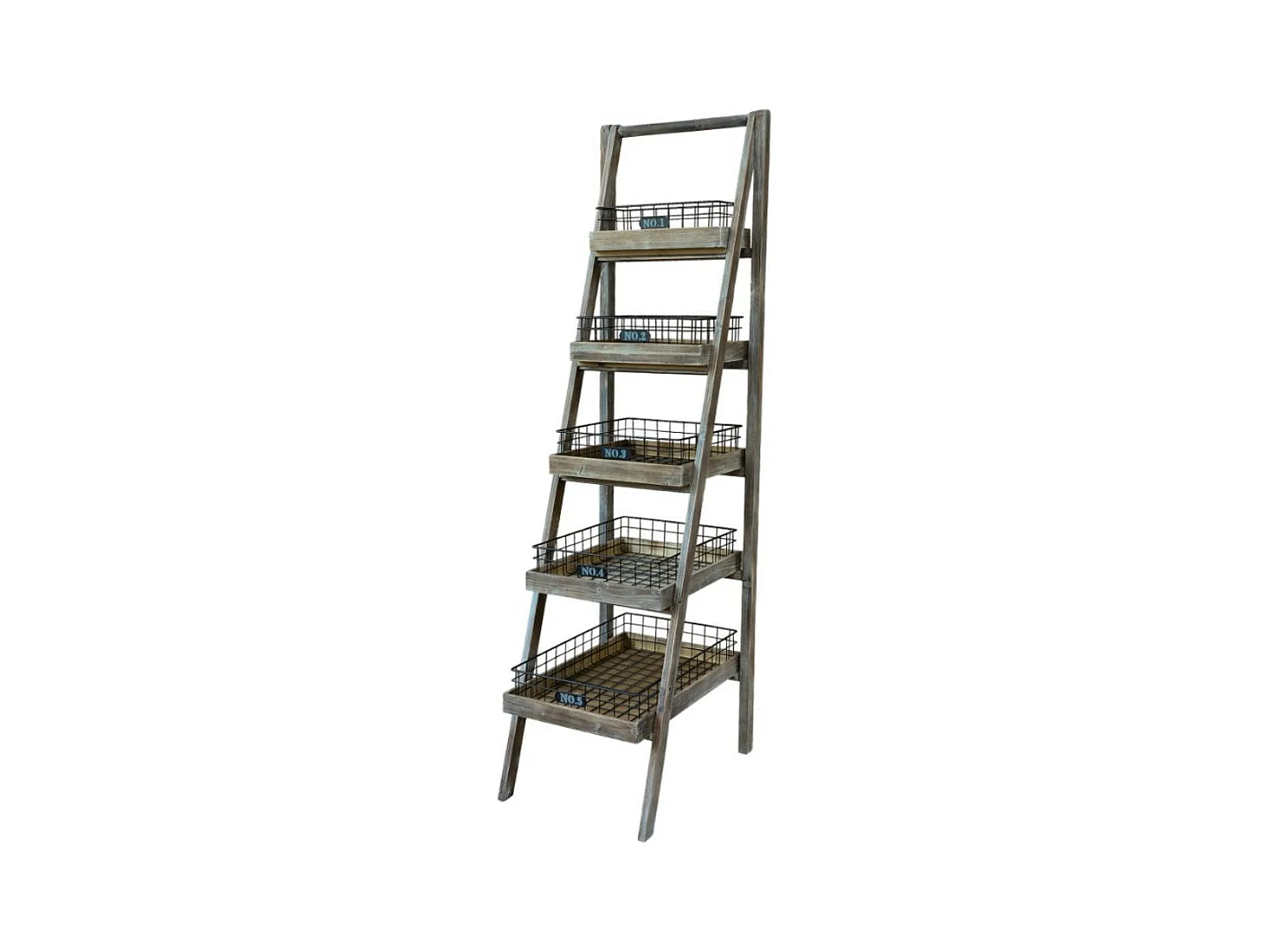 Etagère 5 paniers en bois de sapin marron et fer noir 42 x 70 x 170 cm