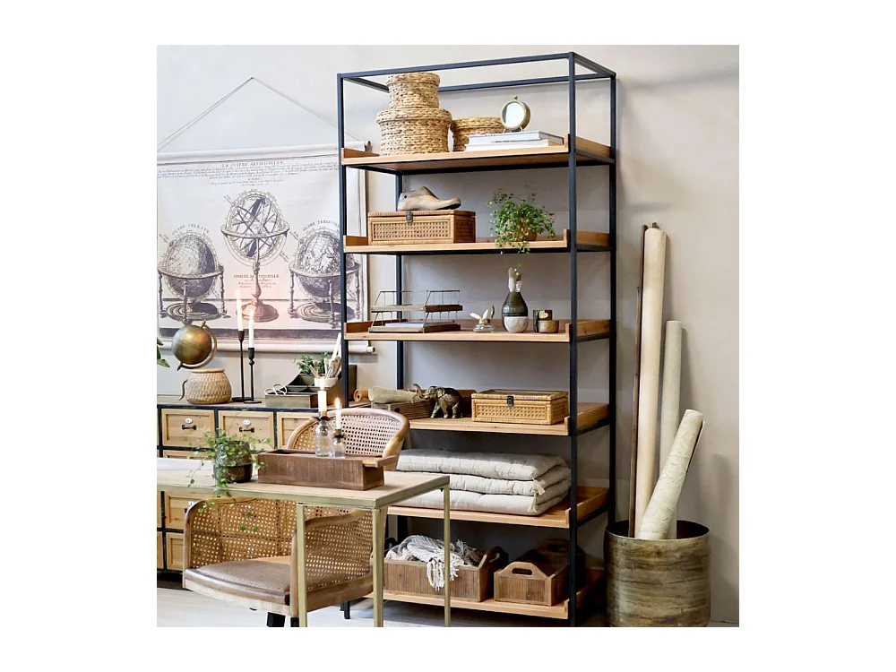 Etagère 6 étages en bois marron et fer noir antique 97 x 50.5 x 213 cm