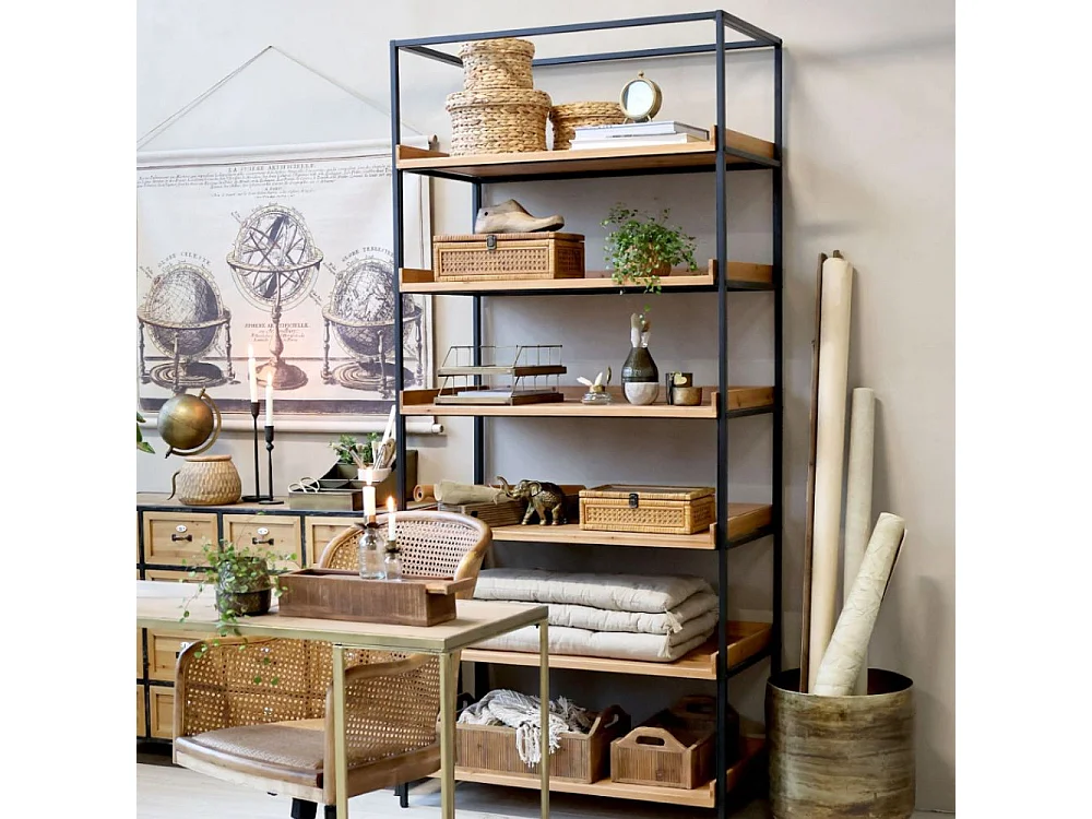 Etagère 6 étages en bois marron et fer noir antique 97 x 50.5 x 213 cm