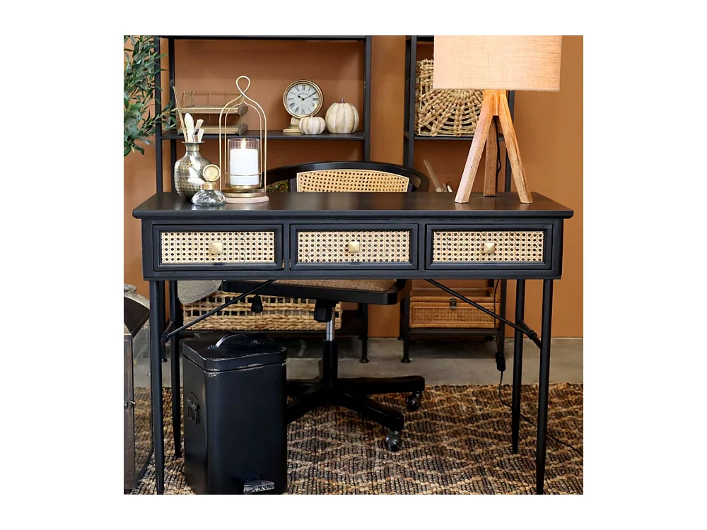 Table de bureau secrétaire en rotin et fer noir antique 110 x 42 x80cm