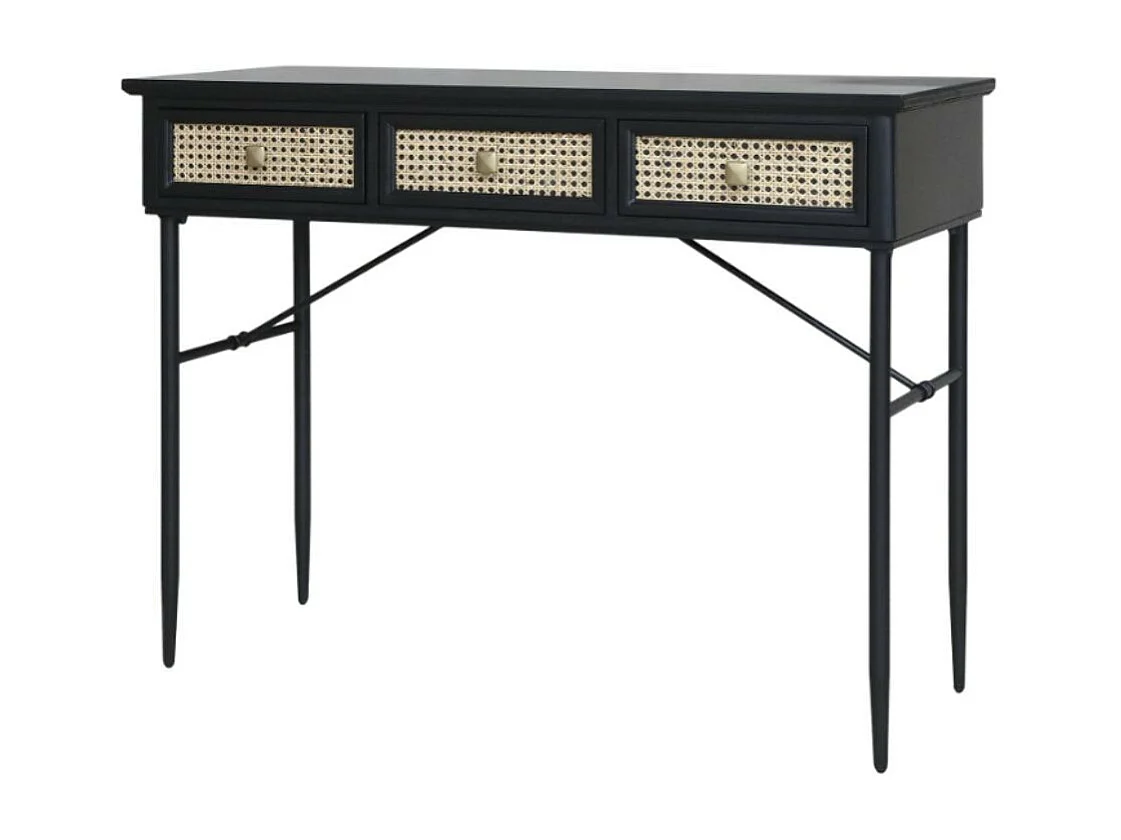 Table de bureau secrétaire en rotin et fer noir antique 110 x 42 x80cm