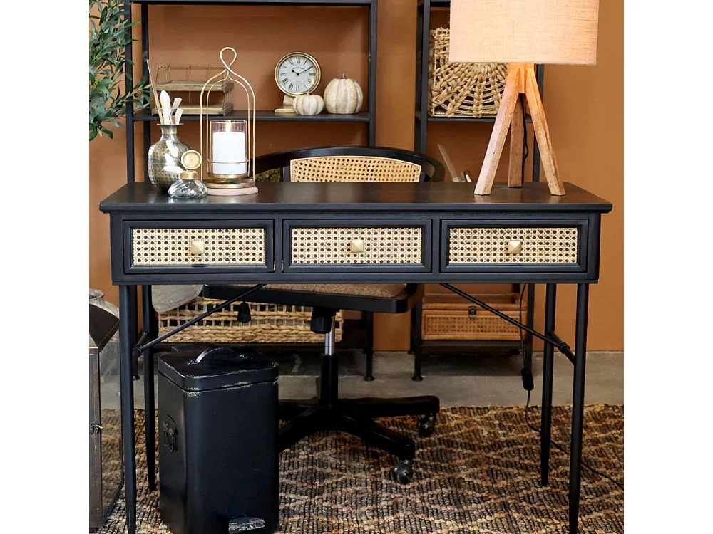 Table de bureau secrétaire en rotin et fer noir antique 110 x 42 x80cm