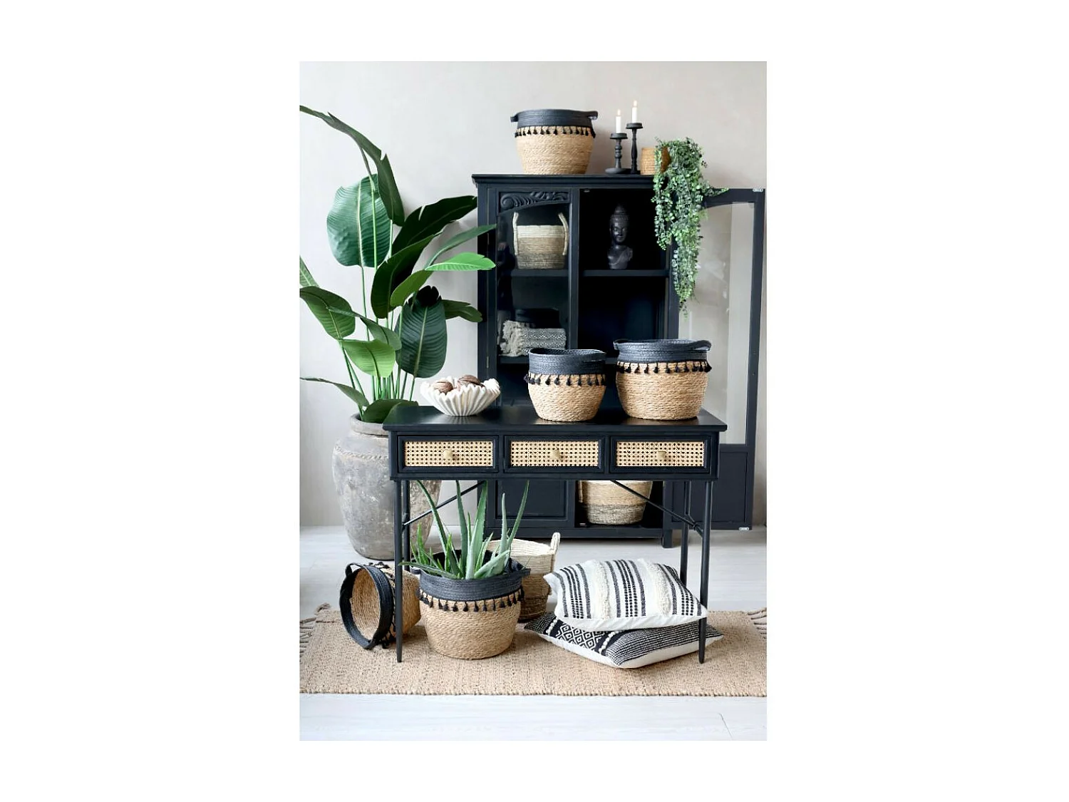 Table de bureau secrétaire en rotin et fer noir antique 110 x 42 x80cm