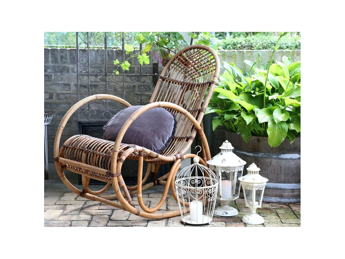 Fauteuil à bascule ancien en rotin marron naturel 106 x 58 x 100 cm