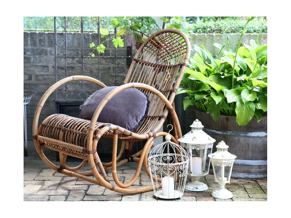 Fauteuil à bascule ancien en rotin marron naturel 106 x 58 x 100 cm