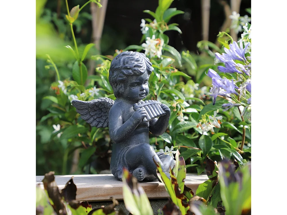 Statuette statue sculpture jardin ange flûte béton gris 24.5cm