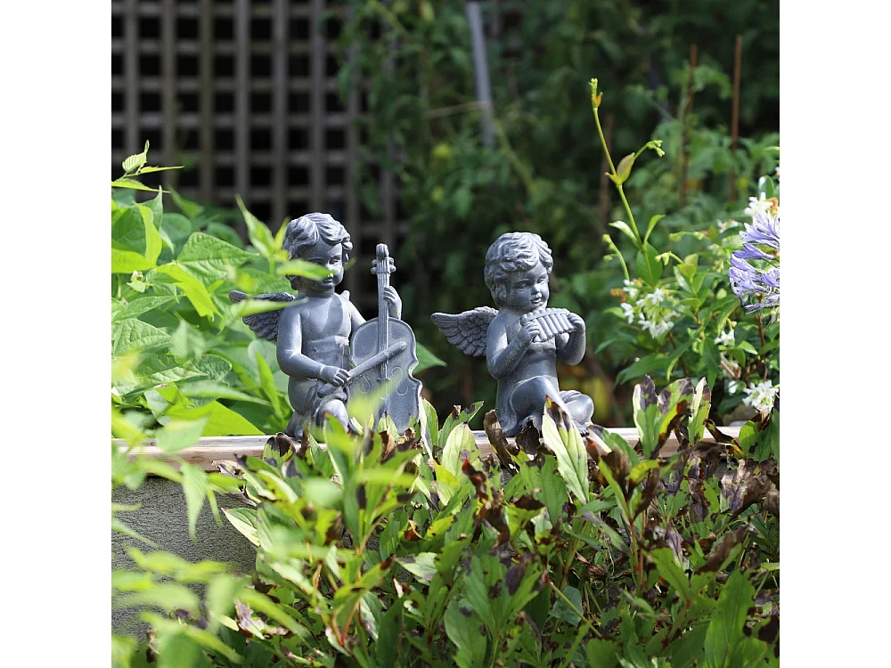 Statuette statue sculpture jardin ange flûte béton gris 24.5cm