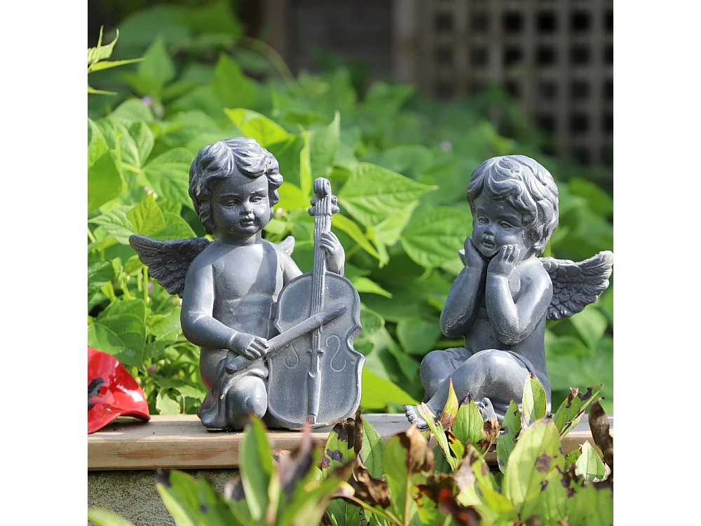 Statuette statue sculpture jardin ange flûte béton gris 24.5cm