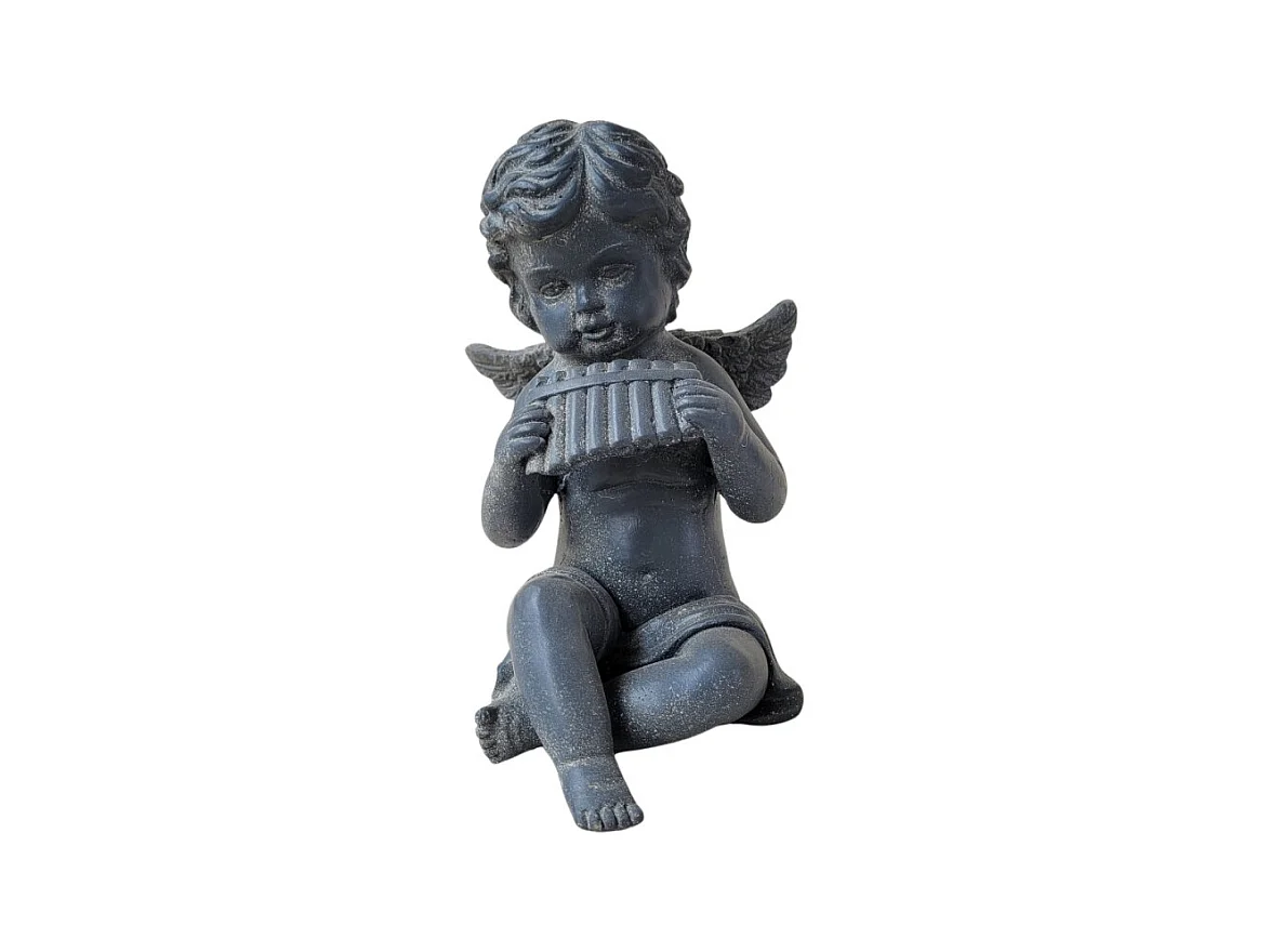 Statuette statue sculpture jardin ange flûte béton gris 24.5cm