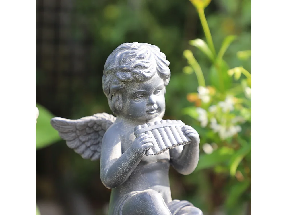 Statuette statue sculpture jardin ange flûte béton gris 24.5cm