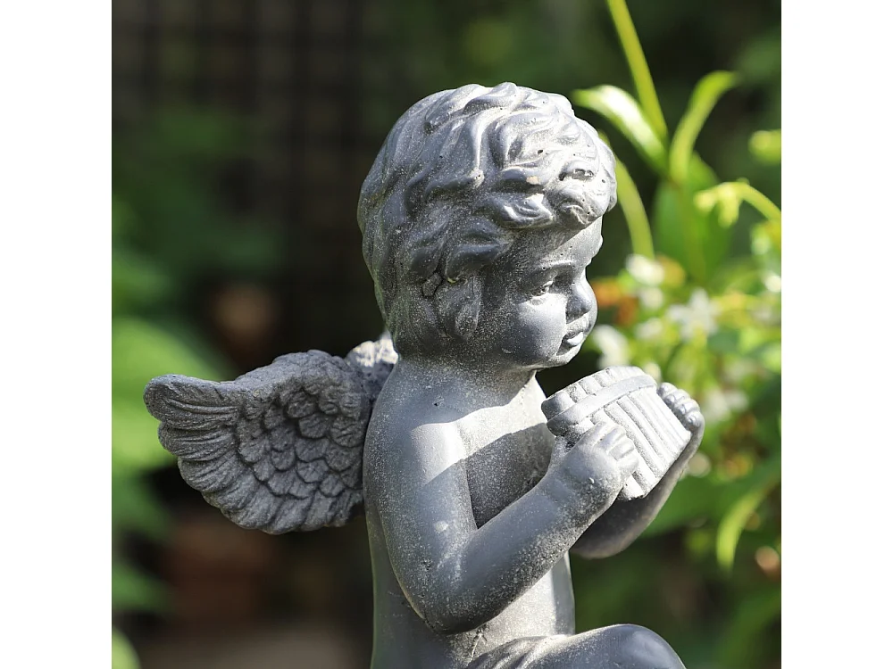 Statuette statue sculpture jardin ange flûte béton gris 24.5cm